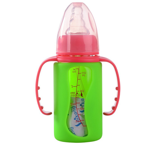 矽利康有手柄標口玻璃奶瓶110ml