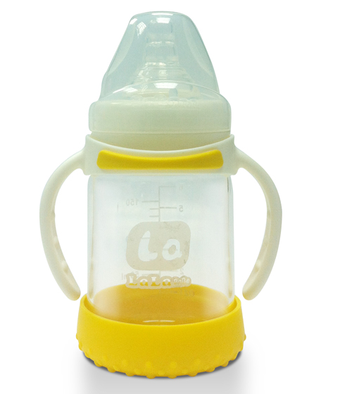 樂(lè)樂(lè)寶貝yingye直立帶柄黃色奶瓶