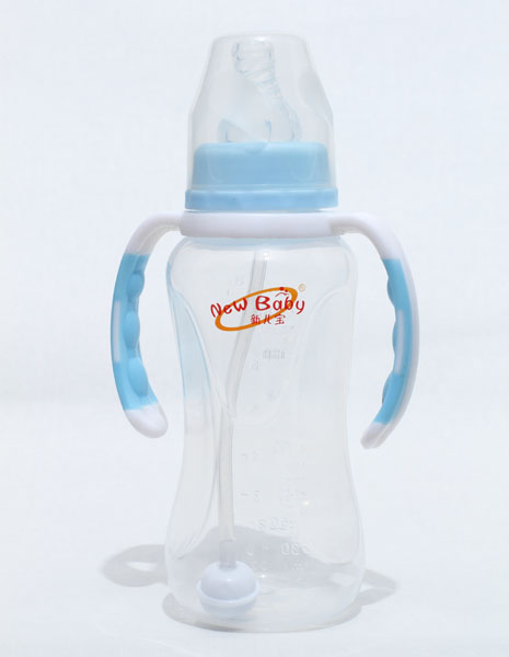 新兒寶藍(lán)白色標(biāo)口240ml雙色雙耳自動(dòng)菱腰形PP奶瓶