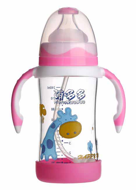 萌多多寬口直身晶鉆玻璃240ml雙色紅白底防護自動奶瓶