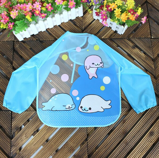 yingeEVA免洗吃飯衣圍兜圍嘴長袖藍海豚