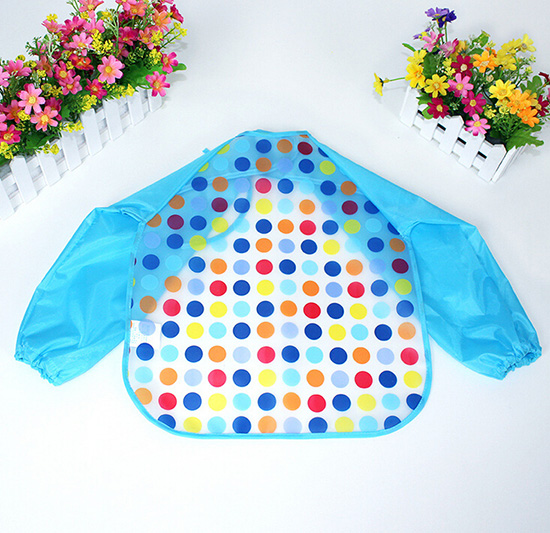 yingeEVA免洗吃飯衣圍兜圍嘴長袖藍圓點