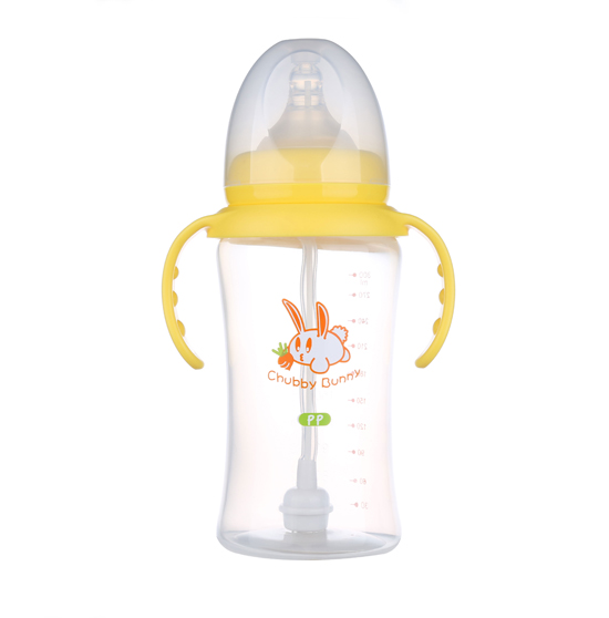 丘比兔PP寬口徑葫蘆型自動(dòng)把手奶瓶300ML黃色