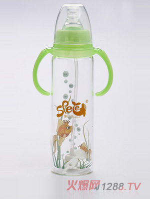 施貝樂綠色標口弧形帶柄玻璃奶瓶240ml