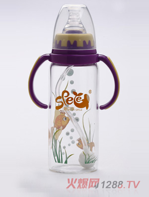 施貝樂紫色標口弧形帶柄玻璃奶瓶180ml