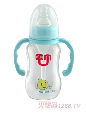優(yōu)恩淺綠色標口帶手柄防脹氣PP奶瓶180ml