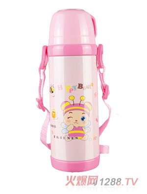 樂(lè)蓓紅色背帶卡通保溫水杯