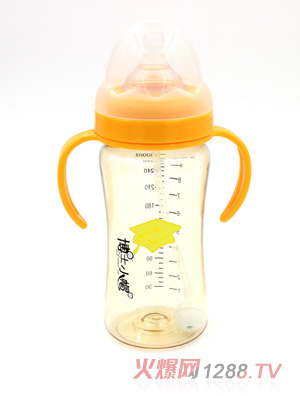 博士小帽PPSU有柄自然親子寬口徑黃金自動奶瓶300ml黃色