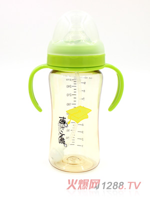 博士小帽PPSU有柄自然親子寬口徑黃金自動奶瓶300ml綠色
