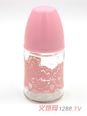 海米寬口蕾絲印花晶鉆玻璃自動(dòng)直身奶瓶粉色