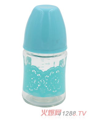 海米寬口蕾絲印花晶鉆玻璃自動直身奶瓶藍色
