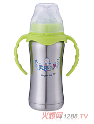 天使貝貝帶手柄兒童不銹鋼奶瓶綠色