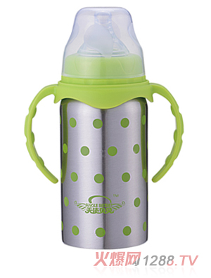 天使貝貝波點(diǎn)帶手柄兒童不銹鋼奶瓶綠色
