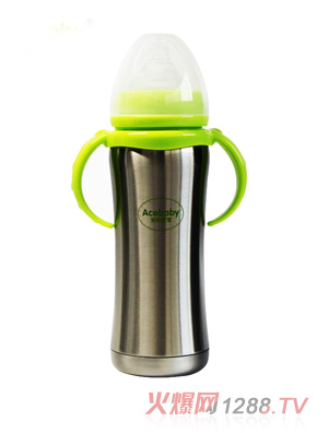 安心寶寶240ml寬口不銹鋼保濕奶瓶綠色帶蓋