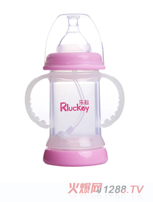樂起寬口雙層防爆有耳自動晶鉆玻璃底部透氣奶瓶150ml粉色