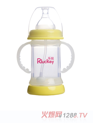 樂起寬口雙層防爆有耳自動晶鉆玻璃底部透氣奶瓶150ml黃色