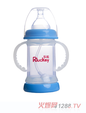 樂起寬口雙層防爆有耳自動晶鉆玻璃底部透氣奶瓶150ml藍(lán)色