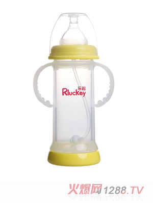 樂起寬口雙層防爆有耳自動晶鉆玻璃底部透氣奶瓶220ml黃色