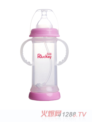 樂起寬口雙層防爆有耳自動晶鉆玻璃底部透氣奶瓶220ml粉色