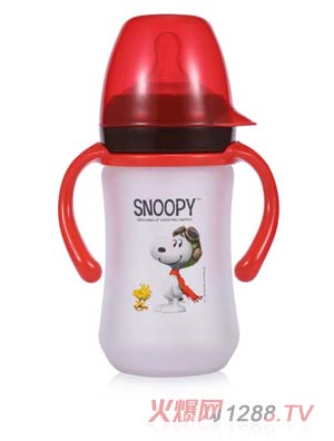 史努比寬口徑手柄自動晶鉆玻璃奶瓶240ml