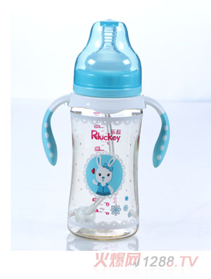 樂起PPSU帶柄防摔寬口徑奶瓶300ml藍(lán)色
