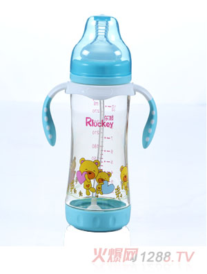 樂起300ML帶柄寬口徑防滑奶瓶藍(lán)色