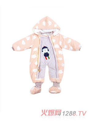 伊善兒水晶絨好奇寶寶立領附帽多功能連襪哈衣