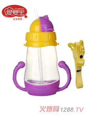 愛嬰寶兒童外出水壺帶吸管軟嘴吸管杯 小熊造型翻蓋水杯300ML