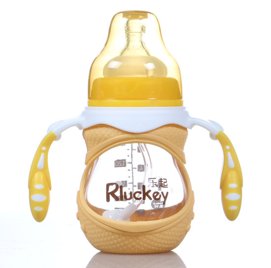 樂起180ml防摔玻璃奶瓶黃色帶柄