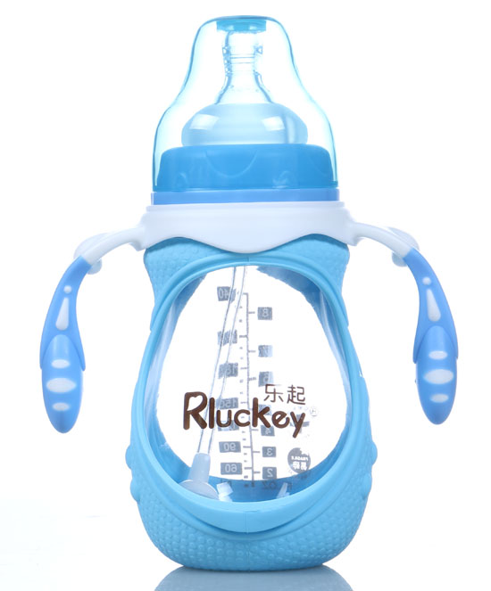 樂起240ml防摔玻璃奶瓶藍帶柄