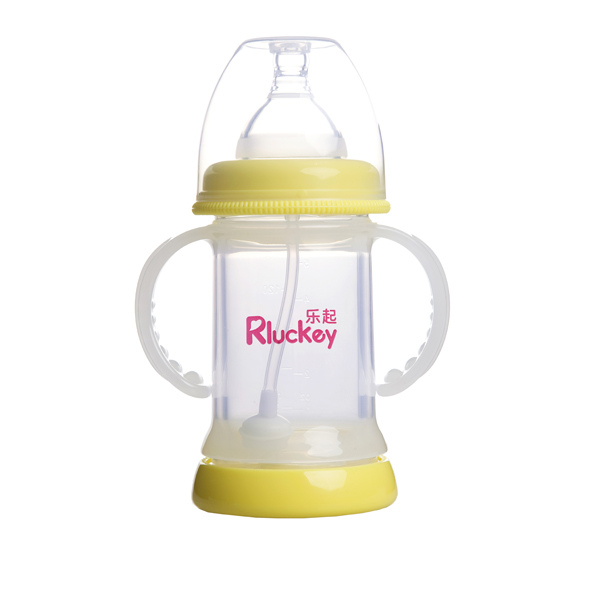 樂起寬口雙層防爆有耳自動晶鉆玻璃底部透氣奶瓶150ml黃色